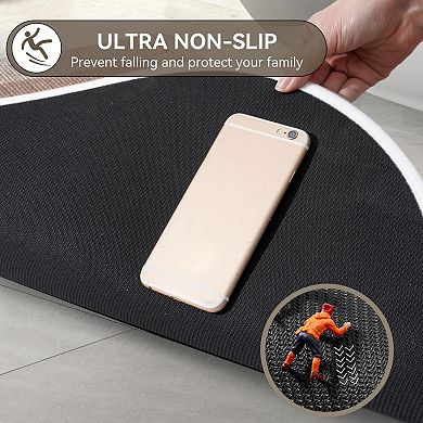 Beige semicircular thin bath mat rubber backed absorbent quick dry washable