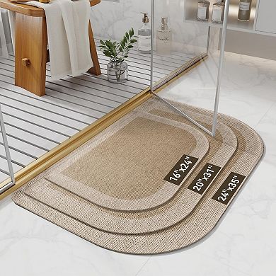 Beige semicircular thin bath mat rubber backed absorbent quick dry washable