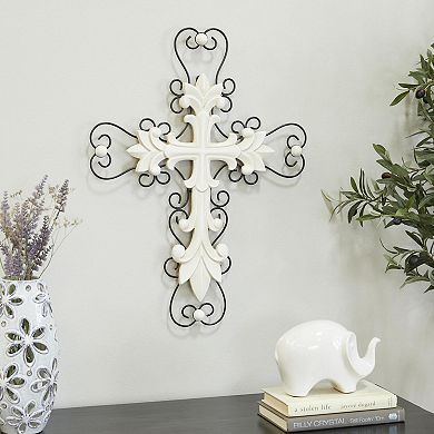 Stella & Eve Wood Carved Cross Wall Decor with Metal Scrollwork