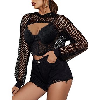 Avidlove Hollow Out Fishnet Top Long Sleeve Crop Top Hoodie Mesh T Shirts for Women