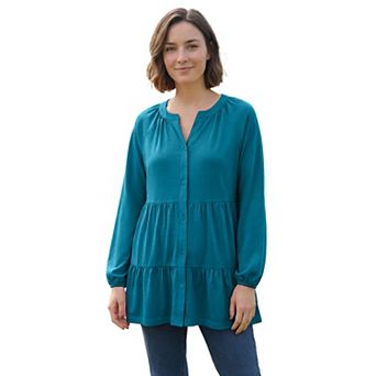 Woman Within Plus Size Tiered A-Line Button-Down Long-Sleeve Knit Tunic