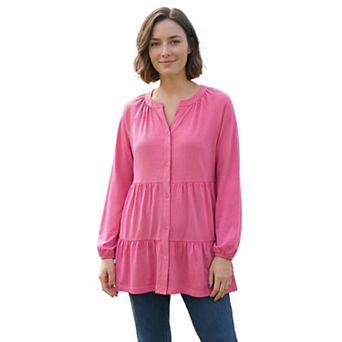Woman Within Plus Size Tiered A-Line Button-Down Long-Sleeve Knit Tunic
