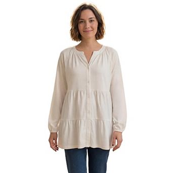 Woman Within Plus Size Tiered A-Line Button-Down Long-Sleeve Knit Tunic