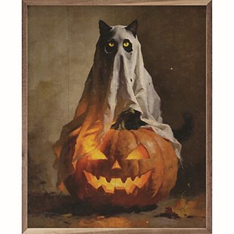 Kendrick Home Ghost Kitten On Pumpkin Framed Wall Art