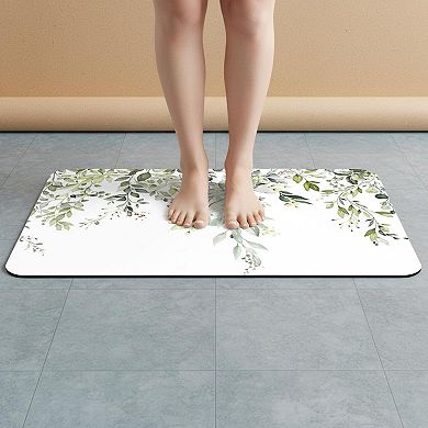 Eucalyptus Leaves Bath Mat Super Absorbent Quick Dry Thin Non Slip Rubber Backed Bathroom Rug