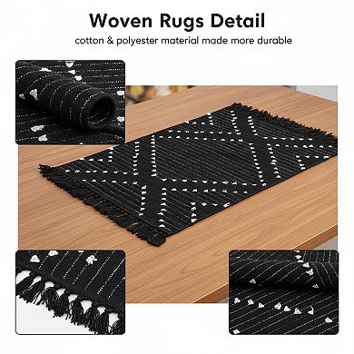 Boho Black White Bath Rug 2x3 Washable Cotton Woven Small Accent for Bathroom Entryway Kitchen
