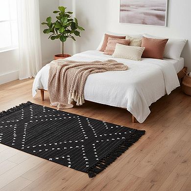 Boho Black White Bath Rug 2x3 Washable Cotton Woven Small Accent for Bathroom Entryway Kitchen