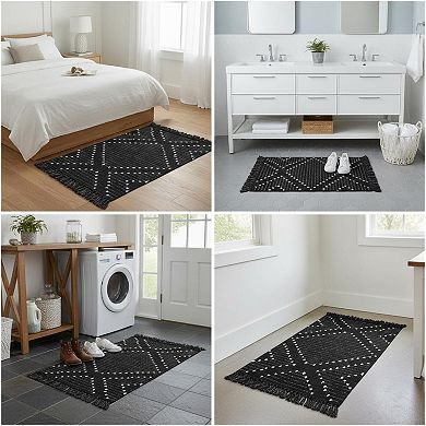 Boho Black White Bath Rug 2x3 Washable Cotton Woven Small Accent for Bathroom Entryway Kitchen