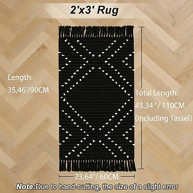 Boho Black White Bath Rug 2x3 Washable Cotton Woven Small Accent for Bathroom Entryway Kitchen
