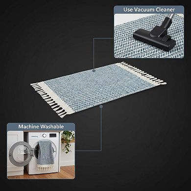 Boho Woven Cotton Area Rug Tassels Low Pile Washable Absorbent Breathable