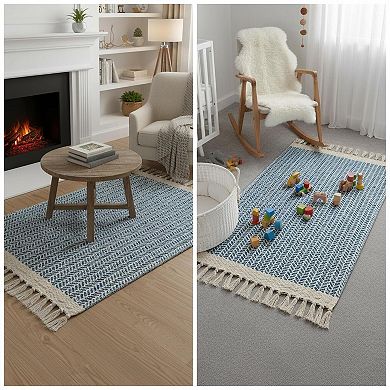 Boho Woven Cotton Area Rug Tassels Low Pile Washable Absorbent Breathable