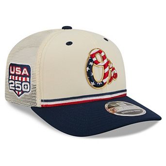 Men's New Era Cream/Navy Baltimore Orioles USA 250 Fourth of July 9SEVENTY Adjustable Trucker Hat
