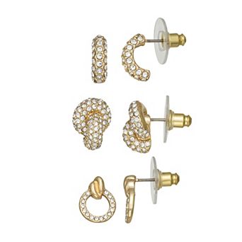 Nine West Gold Tone Hoop, Knot, and Doorknocker Post 3-Pair Earrings Set