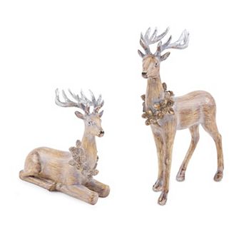 Melrose Glittered Deer with Wreath Figurine Set of 2 Table Decor
