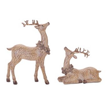 Melrose Carved Deer with Wreath Figurine Set of 2 Table Decor