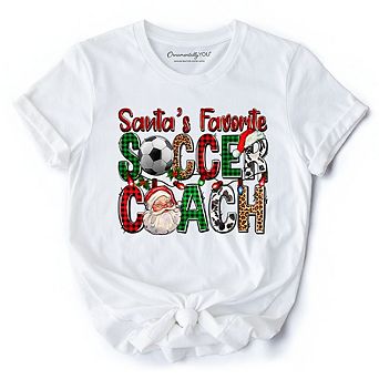 Santa’s Favorite Soccer Coach Plaid Christmas T-Shirt, Sports Team Holiday Tee
