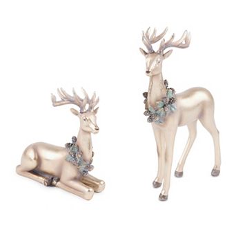 Melrose Metallic Deer with Wreath Figurine Set of 2 Table Decor
