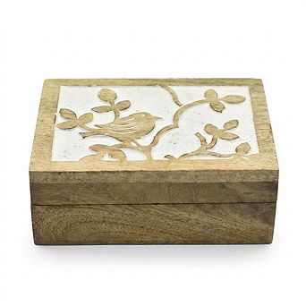 STORE INDYA Hand Carved Wooden Keepsake Box with Bird Design Jewelry Organizer Gift for Women