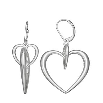 Nine West Silver-Tone Polished Heart Drop Leverback Earrings