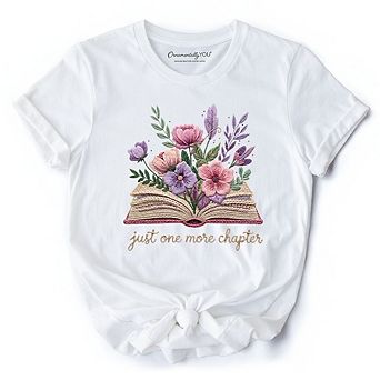 Floral Book Printed Faux Yarn Crochet T-Shirt, Just One More Chapter Bookworm Tee