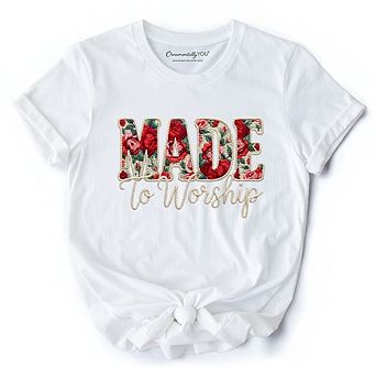 Made to Worship Printed Faux Yarn Crochet Christian T-Shirt, Floral Retro Faith Tee