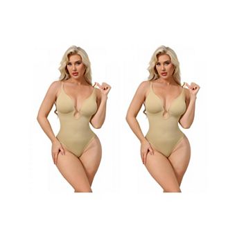 2 Packs Women's Deep V Shapewear Tummy Control Leotard Sleeveless Adjustable Straps Thong Bodysuits