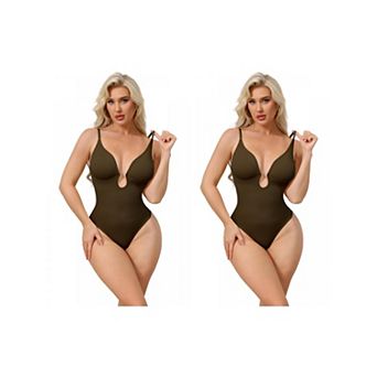 2 Packs Women's Deep V Shapewear Tummy Control Leotard Sleeveless Adjustable Straps Thong Bodysuits