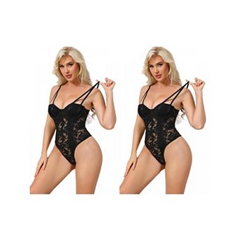 2 Packs Women's Mesh Lace Bodysuit Sheer Underwired Bustier Corset Shapewear Straps Thongs Leotard