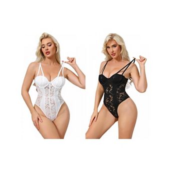 2 Packs Women's Mesh Lace Bodysuit Sheer Underwired Bustier Corset Shapewear Straps Thongs Leotard