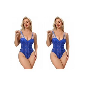 2 Packs Women's Mesh Lace Bodysuit Sheer Underwired Bustier Corset Shapewear Straps Thongs Leotard