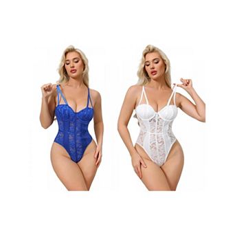 2 Packs Women's Mesh Lace Bodysuit Sheer Underwired Bustier Corset Shapewear Straps Thongs Leotard