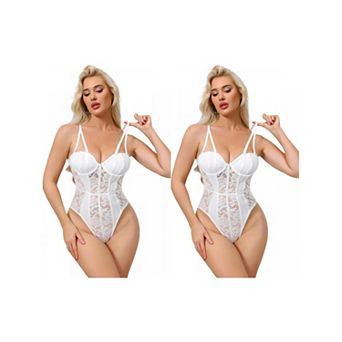 2 Packs Women's Mesh Lace Bodysuit Sheer Underwired Bustier Corset Shapewear Straps Thongs Leotard