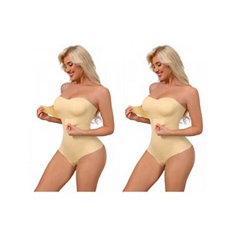 2 Packs Women's Strapless Shapewear Front Hook Push Up Bodysuits Seamless Bodyshaper RemovableStraps