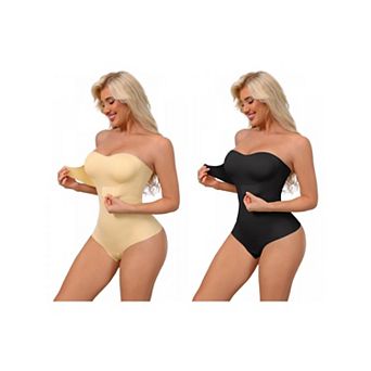 2 Packs Women's Strapless Shapewear Front Hook Push Up Bodysuits Seamless Bodyshaper RemovableStraps