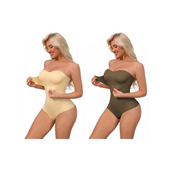 2 Packs Women's Strapless Shapewear Front Hook Push Up Bodysuits Seamless Bodyshaper RemovableStraps