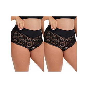 2 Packs Women's Sheer Lace Trim Mid Rise Briefs Stretchy Underwear