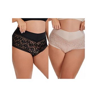 2 Packs Women's Sheer Lace Trim Mid Rise Briefs Stretchy Underwear