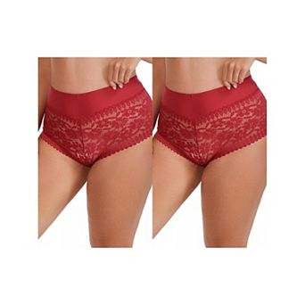 2 Packs Women's Sheer Lace Trim Mid Rise Briefs Stretchy Underwear