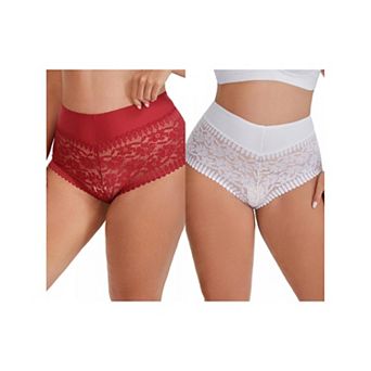 2 Packs Women's Sheer Lace Trim Mid Rise Briefs Stretchy Underwear