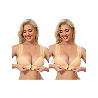 2 Packs Women's Lace Front Closure Push Up Wirefree Bras with Nonadjustable Straps