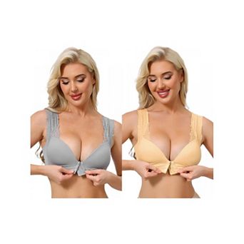 2 Packs Women's Lace Front Closure Push Up Wirefree Bras with Nonadjustable Straps
