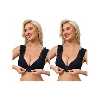 2 Packs Women's Lace Front Closure Push Up Wirefree Bras with Nonadjustable Straps