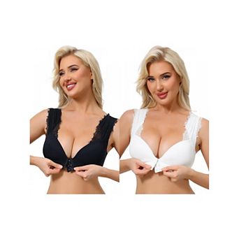 2 Packs Women's Lace Front Closure Push Up Wirefree Bras with Nonadjustable Straps