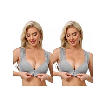 2 Packs Women's Lace Front Closure Push Up Wirefree Bras with Nonadjustable Straps