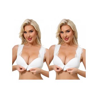 2 Packs Women's Lace Front Closure Push Up Wirefree Bras with Nonadjustable Straps