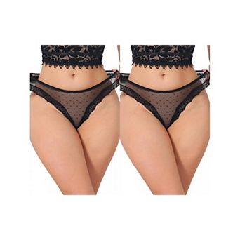2 Packs Women's Lace Sheer Mesh Underwear Low Rise Bikini Polka Dot See Through Thongs