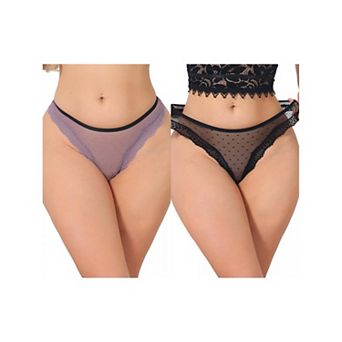 2 Packs Women's Lace Sheer Mesh Underwear Low Rise Bikini Polka Dot See Through Thongs
