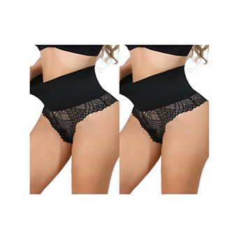 2 Packs Women's High Cut Lace Tummy Control Thongs Waist Trainers Panties