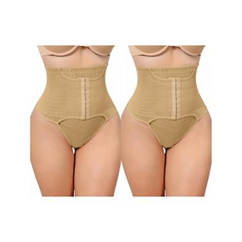 2 Packs Women's High Waisted Tummy Control Bodyshaper Panties Thong with Front Hook Closure