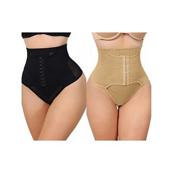 2 Packs Women's High Waisted Tummy Control Bodyshaper Panties Thong with Front Hook Closure
